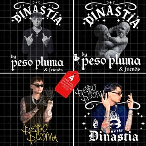 Könnte beinhalten: Vier digitale Kunstdrucke mit dem Text "DINASTIA" und "by peso pluma & friends". Die Bilder zeigen Porträts und grafische Designs. Ein rotes Etikett kennzeichnet eine PNG-Datei mit transparentem Hintergrund.
