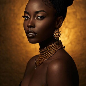 May include: A portrait of a person with dark skin wearing gold jewelry, including a choker necklace and earrings. The person has dark hair styled in a bun and is wearing dark lipstick. The background is a golden color, and the text "GLDMUSE" is visible.