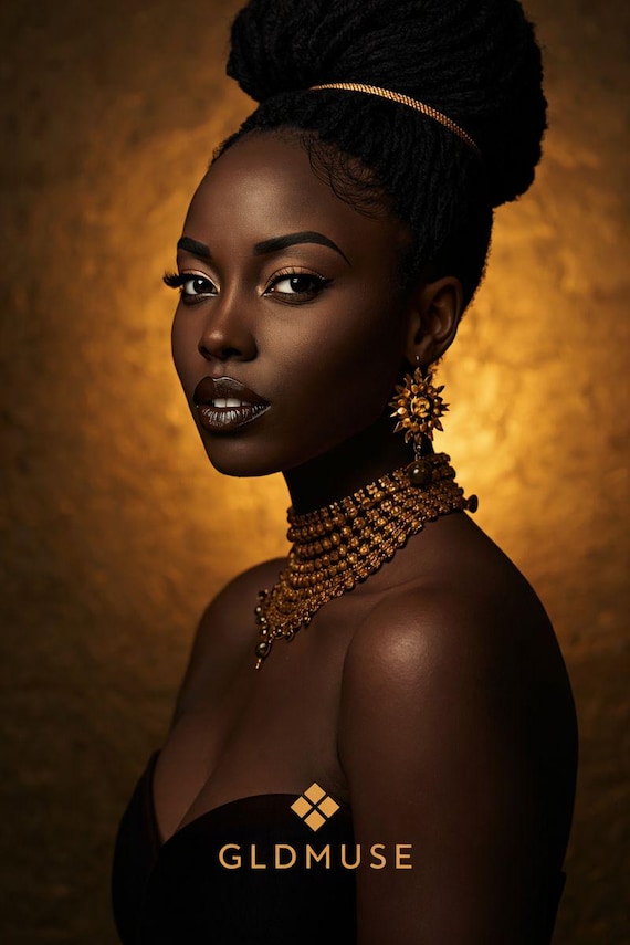 Afro Gold Queen Wall Art – African Woman Portrait – Luxury Black & Gold Afrobeat Poster – Digital Download