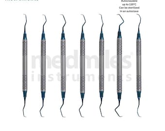 Hollow Handle Tin Blue Dental Periodontal Gracey Curette Set – 7pcs Autoclavable Multicolor Instruments