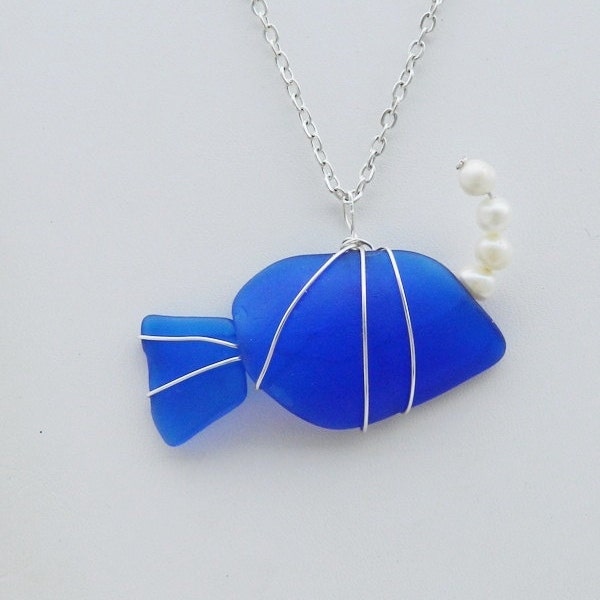 Just Beachy Cobalt Beach Glass Fish Necklace  Blue Tang