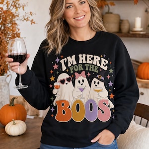 Sudadera con cuello redondo "Estoy aquí por los sustos" con diseño de fantasma, sudadera retro de Halloween, sudadera divertida con diseño de fantasma, regalo para una noche de chicas.