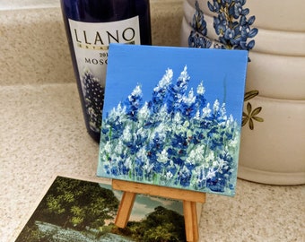 Bluebonnets Forever...in miniature.  Acrylic original. Texas state flower + BONUS Vintage postcard bluebonnet field.