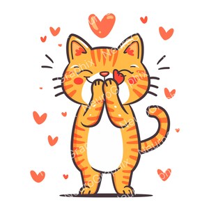 May include: A cartoon illustration of a smiling orange tabby cat with black stripes, holding its paws up to its face. Red hearts float around the cat, and one is on its nose. The image has the text "NeuroGraphix" in the background.