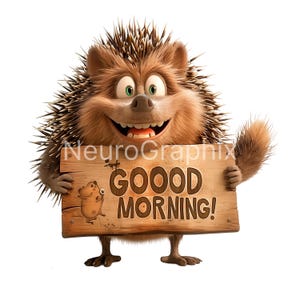 May include: A cartoon hedgehog with brown fur and sharp quills holding a rectangular wooden sign. The sign features the text GOOOD MORNING! in dark brown letters and a small illustration of a creature on the left side of the wooden board.
