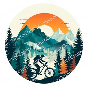 May include: Circular graphic featuring a mountain biker silhouetted against a sunset over a mountain range. The design incorporates pine trees and a gradient of colors, including orange, teal, and green. The image has the text "NeuroGraphix" in a circular pattern.