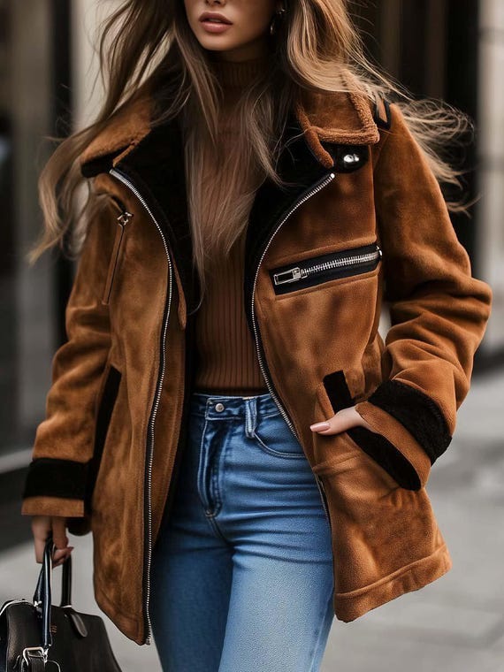 Retro Brown Suede Jacket | Women's Contrast Trim Zip-Up Coat