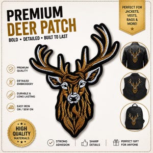 Stag Head Embroidered Patch, Deer Antler Applique, Buck Animal Patch, Hunting Jacket Patch, Rustic Outdoor Sew On Iron On Patch