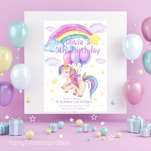 Inbjudan till födelsedag med enhörning, pastellfärgad regnbågsfest, glittrig inbjudan, presentetiketter, ladda ner, tjejinbjudan, festbuddel, digital produkt