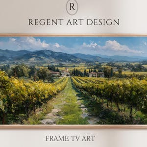 Könnte beinhalten: Ein Landschaftsgemälde auf einem Fernsehbildschirm zeigt einen Weinberg mit gelb-grünen Reben, die zu einem entfernten Dorf und Bergen unter einem blauen, bewölkten Himmel führen. Der Text REGENT ART DESIGN und FRAME TV ART ist sichtbar.