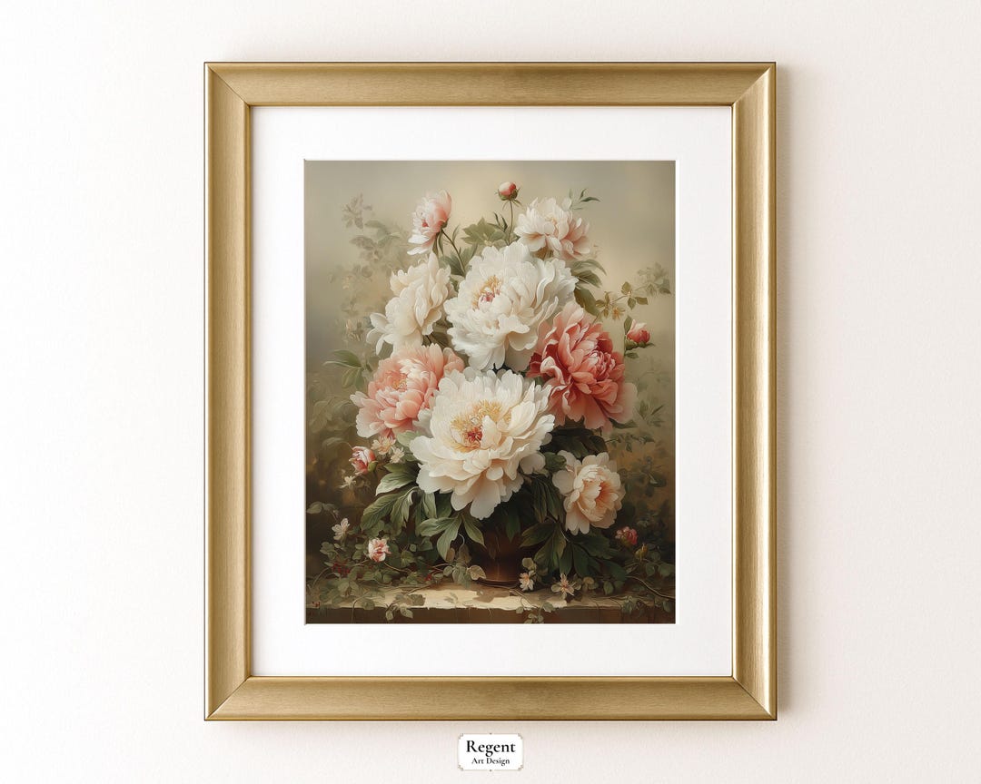 Vintage Peony Bouquet Printable Wall Art, Floral Still Life Painting ...