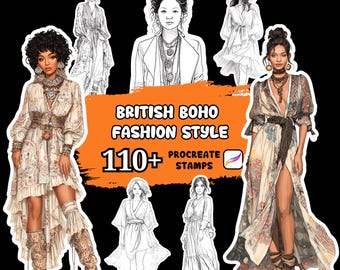 Mais de 110 carimbos para Procreate no estilo boho britânico, ilustração de moda, moda para Procreate, designs de moda britânica, boho para Procreate.