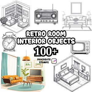 Pennelli per oggetti retrò per Procreate, oltre 100 timbri retrò per Procreate, pacchetto retrò, tema retrò per Procreate, mobili retrò, TV, sedia