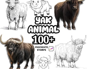 Procreate Animals Brushes, 100+ Yak Animal Procreate Brushes, Woodland Animals Procreate, Wild Animals, Farm Animals, Cartoon Yak,