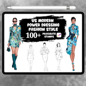 May include: A digital illustration on a tablet featuring fashion sketches and the text "US MODERN POWER DRESSING FASHION STYLE 100+ PROCREATE STAMPS." The sketches depict women in stylish outfits, including a patterned dress and a blazer.