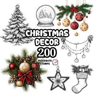 May include: A digital collection of Christmas decor illustrations featuring a black and white sketch of a pine tree, a snow globe, a star ornament, a stocking, and a garland. Includes red and gold ornaments and the text CHRISTMAS DECOR 200 PROCREATE STAMPS.