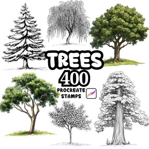 Könnte beinhalten: Eine Illustration mit sechs verschiedenen Baumdesigns. Das Bild zeigt eine Vielzahl von Baumarten, einige in Schwarzweiß und andere in Farbe. Der Text "TREES 400 PROCREATE STAMPS" ist deutlich sichtbar.