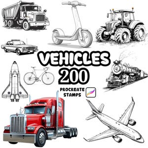 Può includere: Un'illustrazione con vari veicoli: un dumper, scooter, trattore, auto della polizia, space shuttle, bicicletta, camion con rimorchio, treno e aereo. Il testo "VEHICLES 200" è ben visibile, insieme a "PROCREATE STAMPS".
