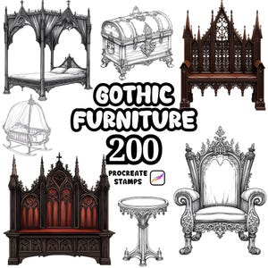 May include: An illustration of gothic furniture, such as a four-poster bed, a chest, a bench, a throne-like chair, a small table, and a cradle. The text "Gothic Furniture 200 Procreate Stamps" is displayed in the center.
