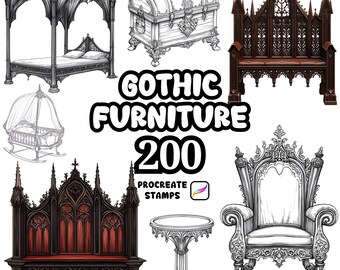 Pincéis góticos para Procreate, 200 carimbos de móveis góticos para Procreate, pacote gótico, terror, assustador, arrepiante, Halloween, tema gótico, sofá, cama