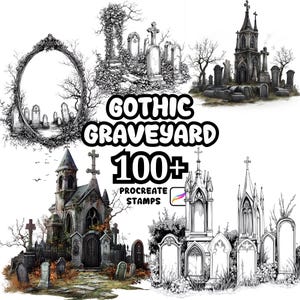 Può includere: Collezione di arte digitale "Gothic Graveyard" con oltre 100 timbri Procreate. L'immagine mostra illustrazioni di architettura gotica, lapidi e scene di cimiteri in bianco e nero.