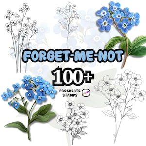 Puede incluir: Arte digital con flores de nomeolvides en varios estilos, incluyendo ilustraciones a color y dibujos lineales en blanco y negro. La imagen incluye el texto "FORGET-ME-NOT" y "100+ PROCREATE STAMPS".
