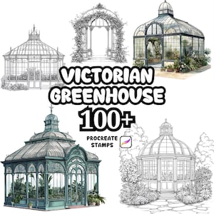 Può includere: Immagine con diverse illustrazioni di serre vittoriane. L'immagine include il testo "VICTORIAN GREENHOUSE 100+ PROCREATE STAMPS". Le serre sono raffigurate in vari stili, alcune a colori e altre in bianco e nero.