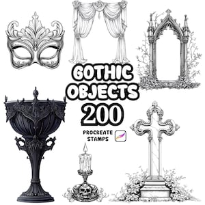 May include: A collection of gothic-themed illustrations, including a mask, curtains, a frame, a chalice, a cross, and a candle holder with a skull base. The text "Gothic Objects 200 Procreate Stamps" is also present.
