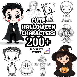 May include: A collection of cute Halloween character illustrations, including a vampire, witch, clown, and Frankenstein's monster. The image features the text "Cute Halloween Characters 200+ Procreate Stamps."