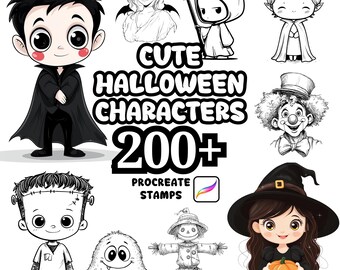 Pincéis de Personagens de Halloween para Procreate, Mais de 200 Carimbos Fofos de Personagens de Halloween para Procreate, Bruxas, Vampiros, Fantasmas, Assustadores, Sinistros, Arrepiantes