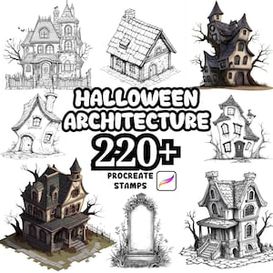 May include: A collection of Halloween-themed architectural illustrations. The image features various spooky houses, including a haunted mansion, a crooked cottage, and a gothic-style home. The text "Halloween Architecture 220+ Procreate Stamps" is also included.