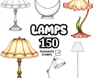 Pincéis para luminárias Procreate, 150 carimbos de luminárias Procreate, luminárias para móveis Procreate, luminárias de estudo, luminárias de chão, objetos de decoração Procreate