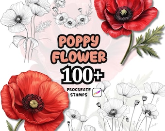 Procreate Flower Brushes, 100+ Poppy Flower Procreate Brushes, Floral Procreate, Procreate Brushes, Plants, Procreate Poppy Flower
