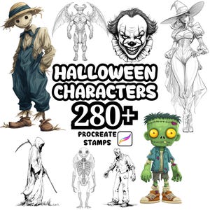 May include: A digital art image featuring various Halloween characters, including a scarecrow, a devil, a clown, a witch, a grim reaper, a skeleton, a zombie, and a Frankenstein's monster. The text "Halloween Characters 280+ Procreate Stamps" is also present.