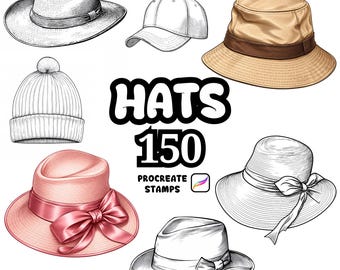 Pincéis de chapéus para Procreate, 150 carimbos de chapéus para Procreate, luminárias de mesa e de escritório para Procreate, luminárias em geral e objetos de decoração para Procreate.