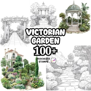Può includere: Una collezione di timbri d'arte digitale con scene di giardini vittoriani. L'immagine mostra vari elementi del giardino, tra cui gazebo, sentieri e paesaggi lussureggianti. Il testo "Victorian Garden 100+ Procreate Stamps" è ben visibile.