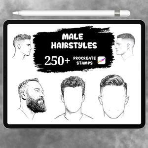 May include: A digital tablet displays a collection of male hairstyles. The text "MALE HAIRSTYLES" is above "250+ PROCREATE STAMPS". The image includes sketches of various haircuts and a stylus.