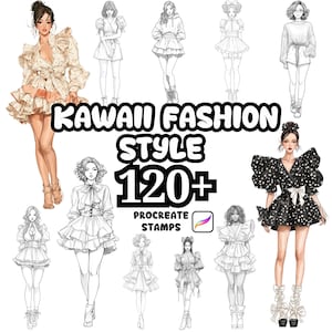 May include: A digital art illustration featuring a collection of fashion sketches in a kawaii style. The image includes a variety of outfits, with the text "KAWAII FASHION STYLE 120+ PROCREATE STAMPS". The color palette includes soft pastels and black and white.
