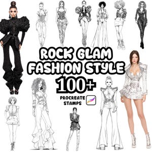May include: An image featuring fashion illustrations and a photo of a woman in a sequined jacket. The text reads "ROCK GLAM FASHION STYLE" and "100+ PROCREATE STAMPS". The illustrations are black and white sketches of various outfits.