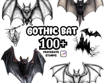May include: A collection of gothic bat illustrations in various styles, including detailed drawings and digital art. The image features bats with spread wings, a bat hanging upside down, and a silhouette of a castle. Text reads "Gothic Bat 100+ Procreate Stamps."