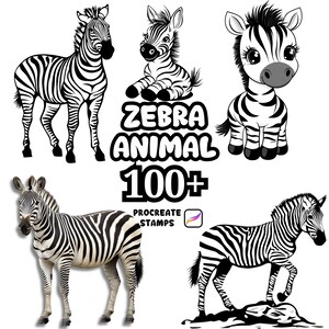 May include: A collection of zebra illustrations in black and white, including realistic and cartoon styles. The text "ZEBRA ANIMAL 100+ PROCREATE STAMPS" is displayed in the image.