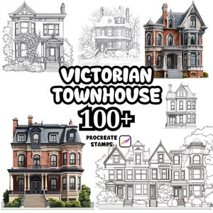 Può includere: Immagine con diverse illustrazioni di case a schiera vittoriane. Il testo "Victorian Townhouse 100+ Procreate Stamps" è ben visibile. Le illustrazioni variano per colore e stile, mostrando dettagli architettonici.