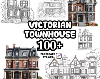 Pinceles victorianos para Procreate, más de 100 sellos de casas victorianas para Procreate, paquete victoriano, Procreate con temática victoriana, casas, victoriano