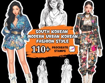 Mais de 110 carimbos para Procreate com estilo moderno e urbano da Coreia do Sul, ilustrações de moda, moda para Procreate, designs de moda sul-coreana.