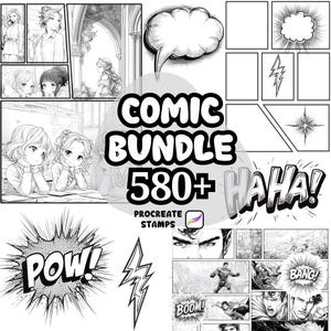 May include: Black and white comic book elements, including speech bubbles, sound effects, and panels. The text "COMIC BUNDLE 580+ PROCREATE STAMPS" is prominently displayed. Various illustrations of manga-style characters are also included.