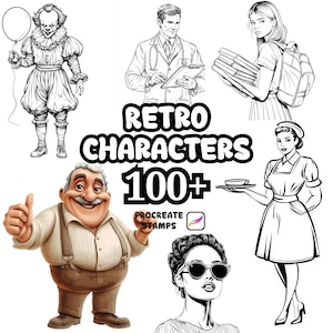 Può includere: Una collezione digitale di personaggi retrò che include un clown con un palloncino, un medico, uno studente con libri, una persona sorridente con bretelle, un cameriere con un vassoio e una persona con occhiali da sole. Testo: RETRO CHARACTERS 100+ PROCREATE STAMPS.