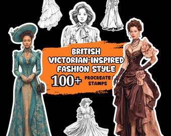 Mais de 100 carimbos para Procreate inspirados na moda vitoriana britânica, ilustração de moda, moda para Procreate, moda britânica, designs de moda.