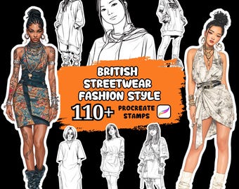 Mais de 110 carimbos para Procreate com estilo streetwear britânico, ilustração de moda, moda no Procreate, moda britânica, designs de moda, Procreate
