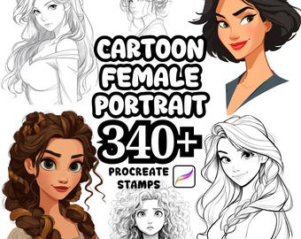 Procreate Human Brushes, 340+ Cartoon Female Portrait Procreate Stamps, Female Emotions Portrait, Cartoon Characters, Human , Woman, Girls