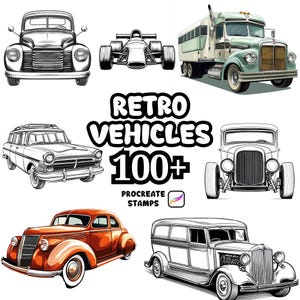 Può includere: Una collezione digitale di veicoli retrò con varie auto classiche, un'auto da corsa e un camion. Il testo recita RETRO VEHICLES 100+ PROCREATE STAMPS. Le illustrazioni includono disegni a linee in bianco e nero e due veicoli colorati.